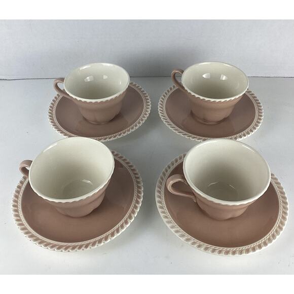 Harkerware Chesterton (4) Cups & Saucers Pink Cocoa Pie Crust Edge NICE - Picture 1 of 4